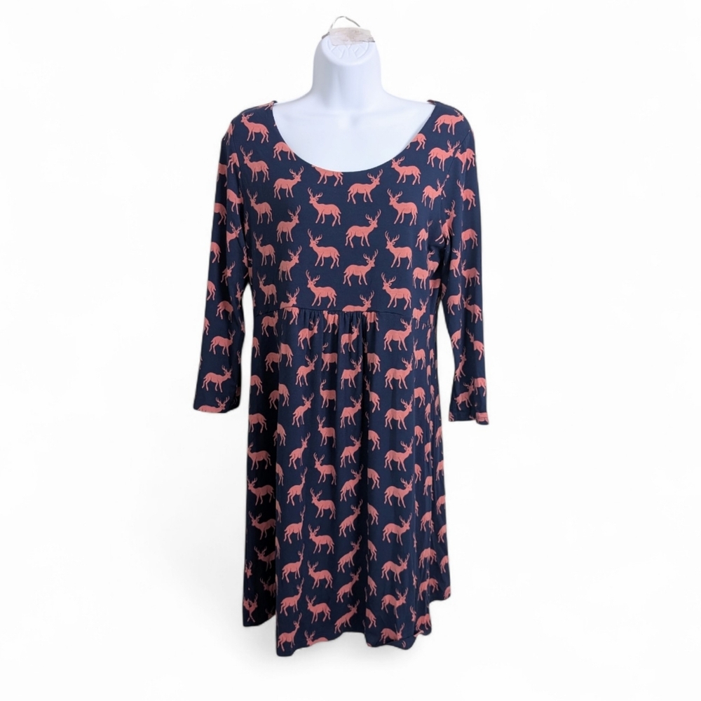 Boden Women Oh Deer Jersey Knit Dress Novelty Print Navy Blue Mauve 3/4 Sleeve M